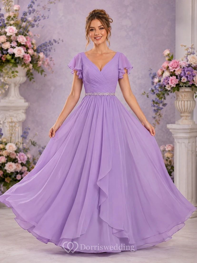Romantic Lavender V-neck Short Sleeve Tulle Ball Gown Formal Dress