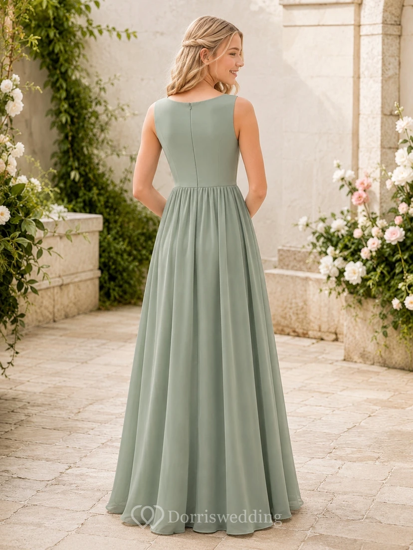 Vestido de dama de honor juvenil color celadón, corte A, escote barco, sin mangas, estilo romántico. view 2