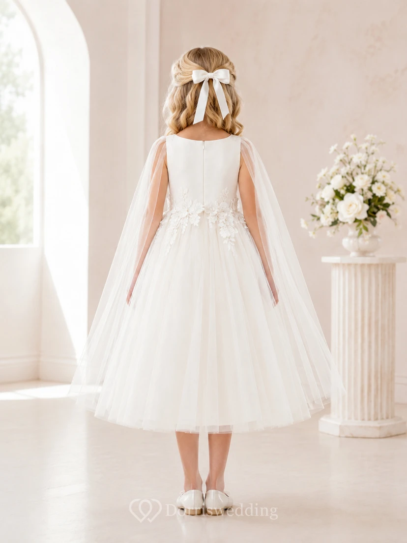 Robe de demoiselle d'honneur de communion formelle en tulle blanc à imprimé floral avec cape et appliques florales view 2