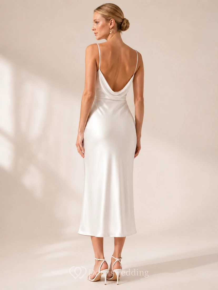 Robe de mariée civile simple à bretelles spaghetti, fourreau en satin, longueur thé, style court view 2