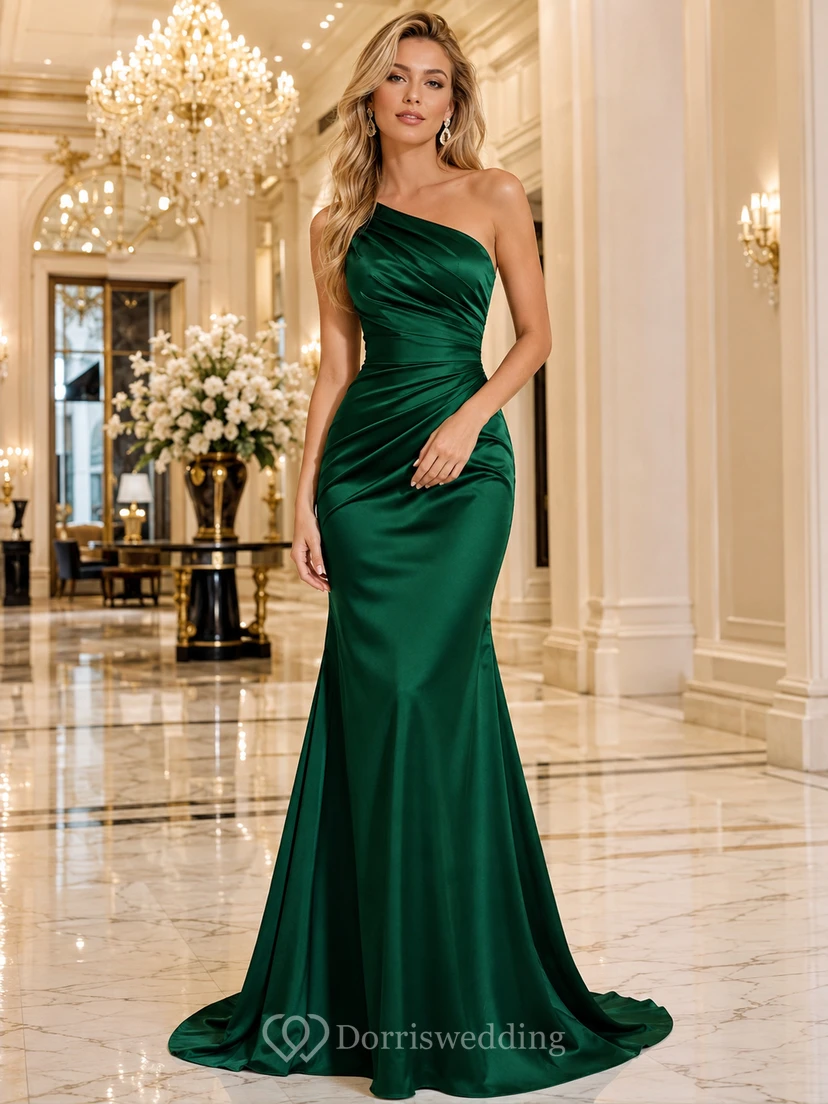 Robe de soirée sirène en satin vert foncé à une épaule