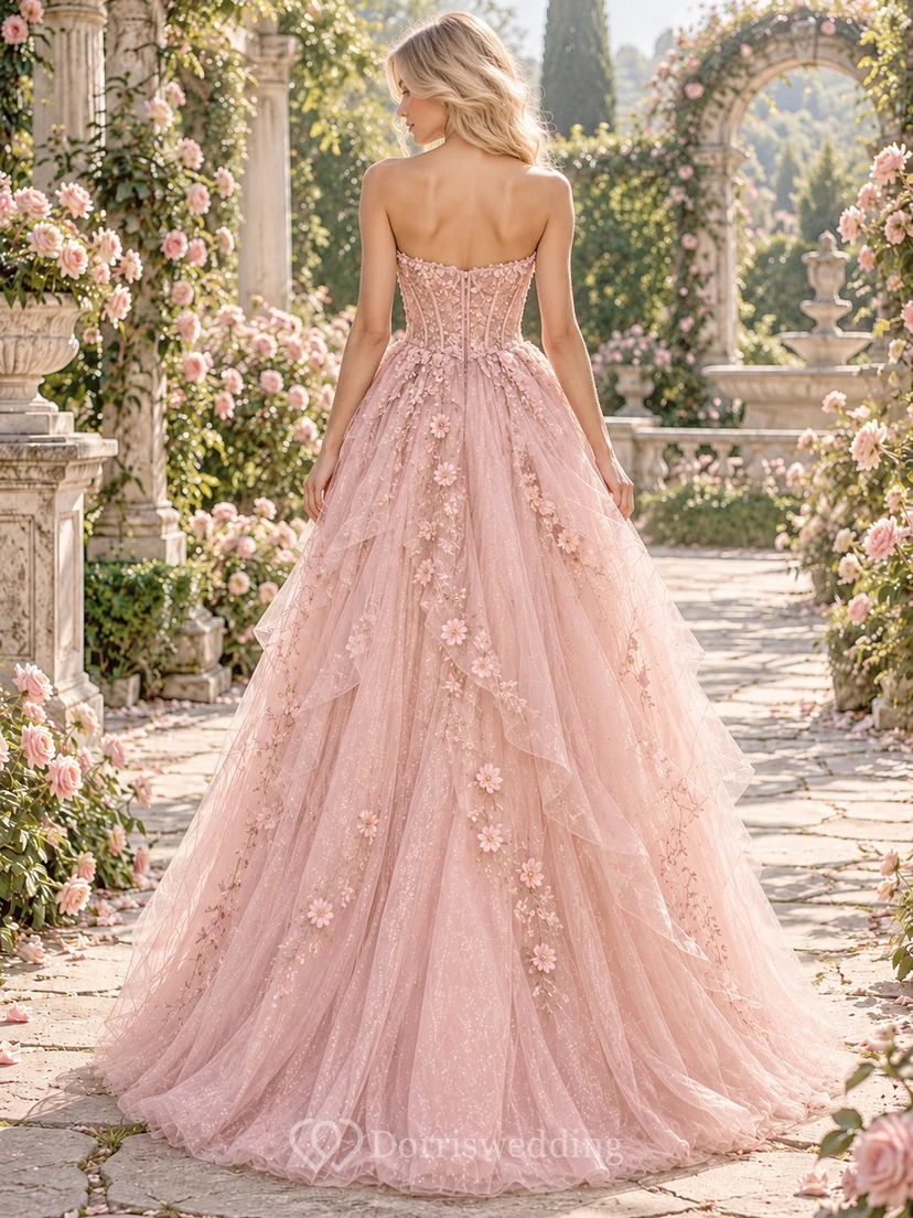 Fairy Blush Strapless Sweetheart Floral Applique Tulle A-line Evening Gown view 2
