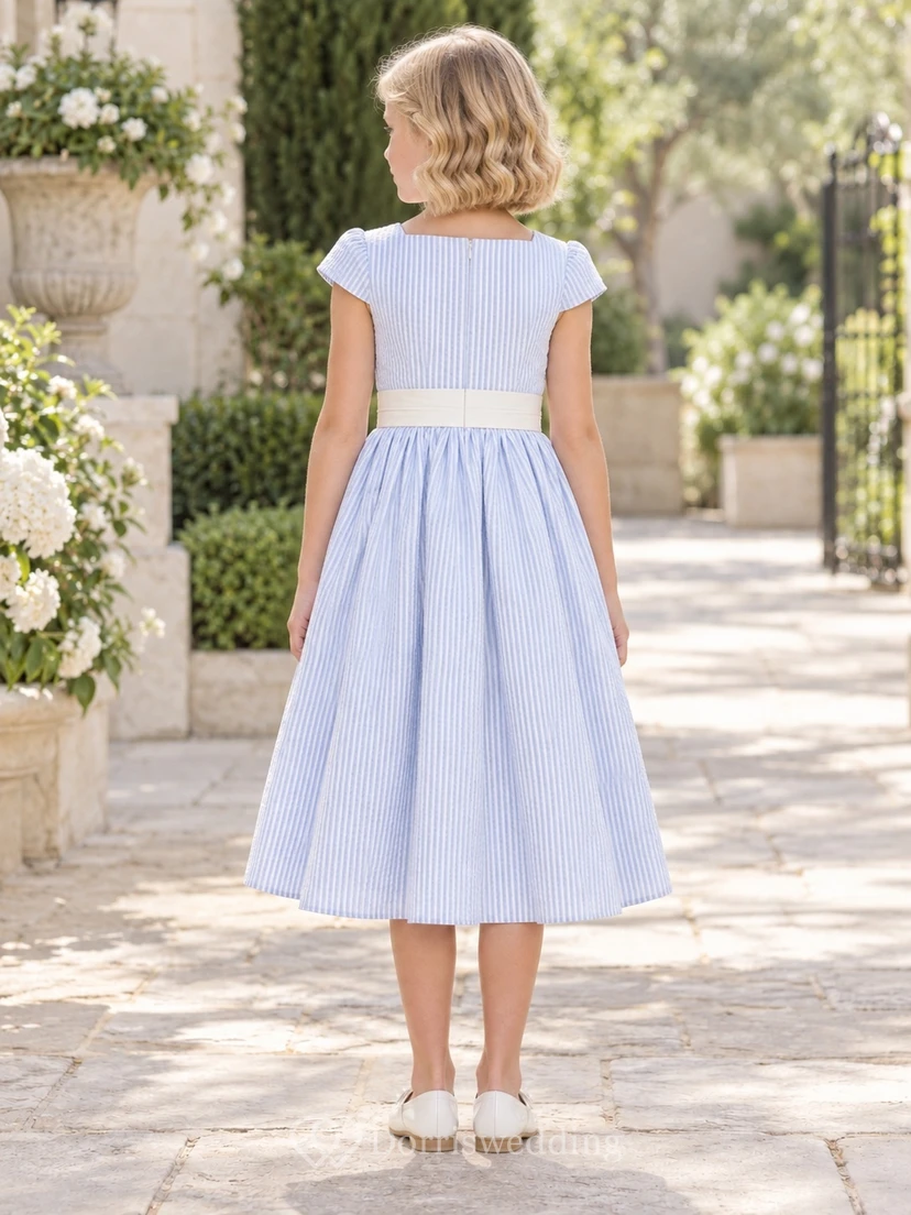 Modest Square Neck Blue White Striped Tea-length Compact Cap Sleeve Full Flower Girl Dress view 2