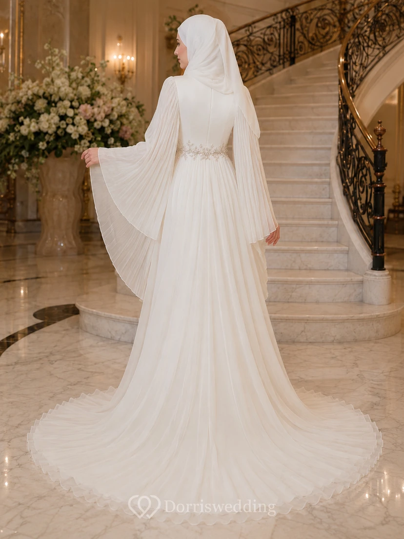 Vestido de novia sencillo musulmán de gasa con mangas tipo capa y cuello alto, corte en A view 2