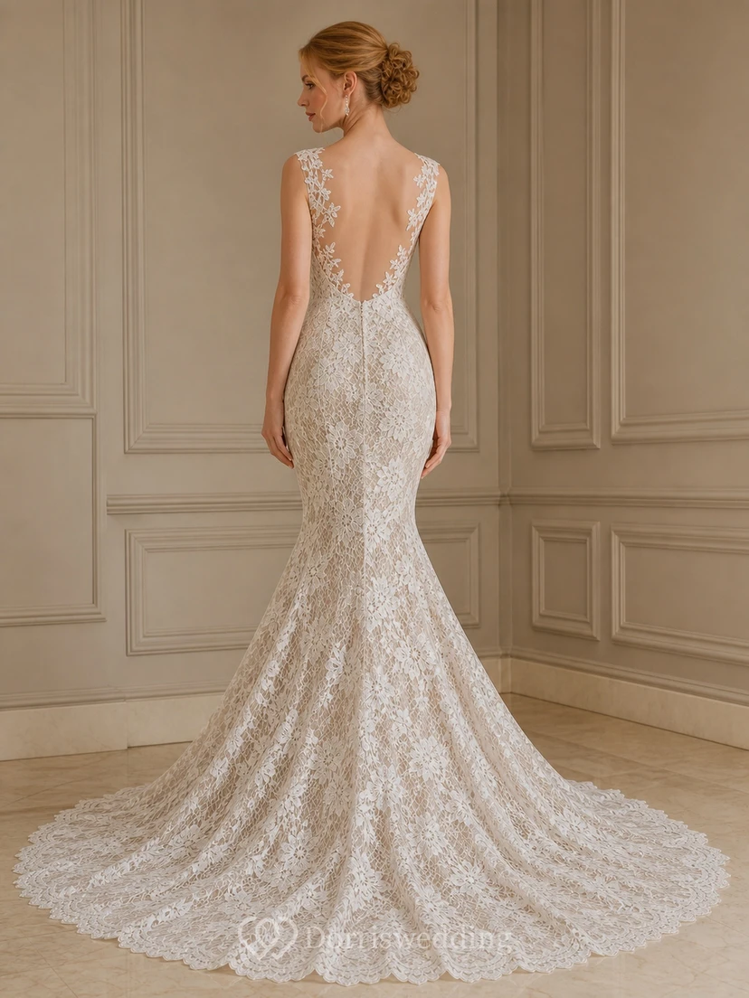Vestido de novia de encaje con escote en V profundo y cola de capilla, estilo sirena sexy. view 2