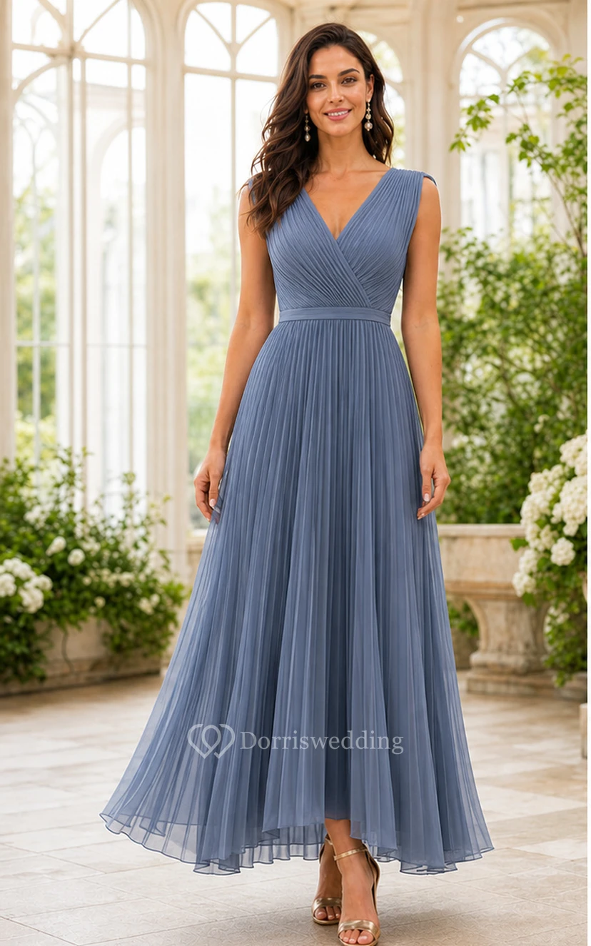 Steel Blue Pleated V-neck Tulle Floor-length A-Line Dress