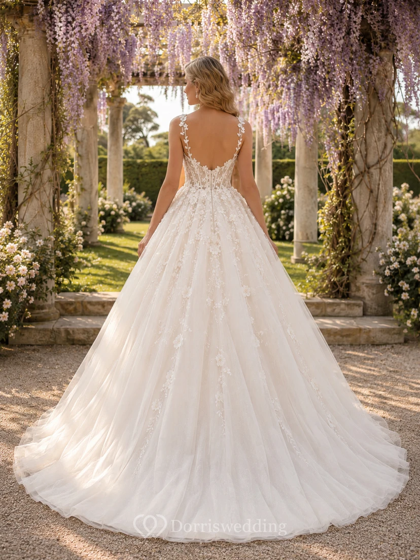 Vestido de novia de tul y encaje playero, estilo princesa, sin tirantes, escote corazón, cola larga, espalda baja en V. view 2