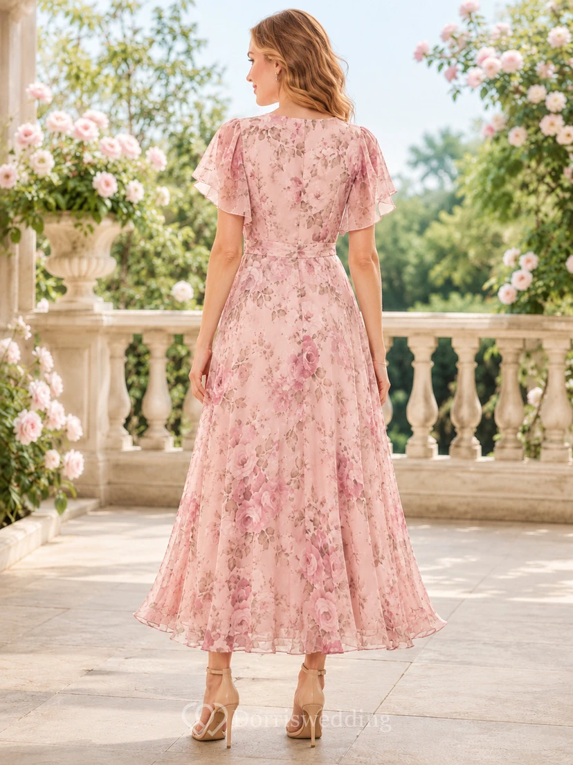 Vestido de gasa rosa pálido con estampado floral, manga corta y corte en A. view 2