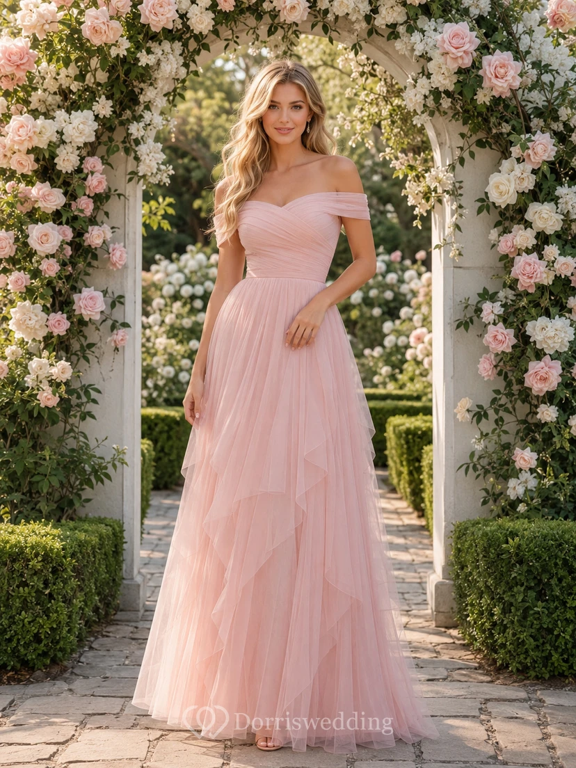 Blush Off Shoulder Layered Tulle Floor Length A Line Garden Guest Dress
