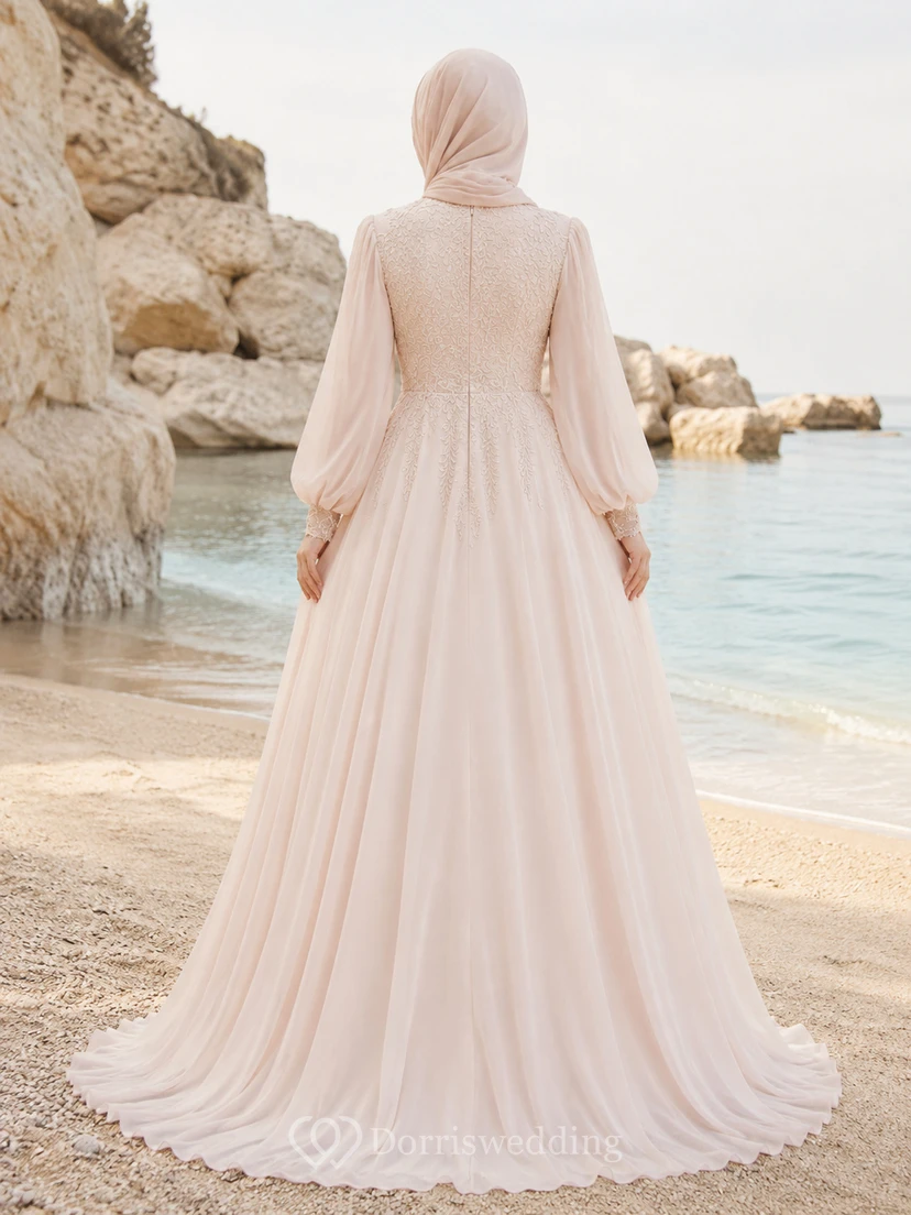 Beach Muslim Blush Poet Sleeve Chiffon A-Line Wedding Dress view 2
