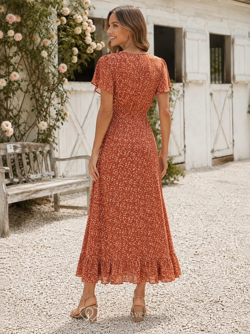 Lässiges, kurzärmeliges, teelanges Sommerkleid mit Blumenmuster und V-Ausschnitt in Papaya-Farbe view 2