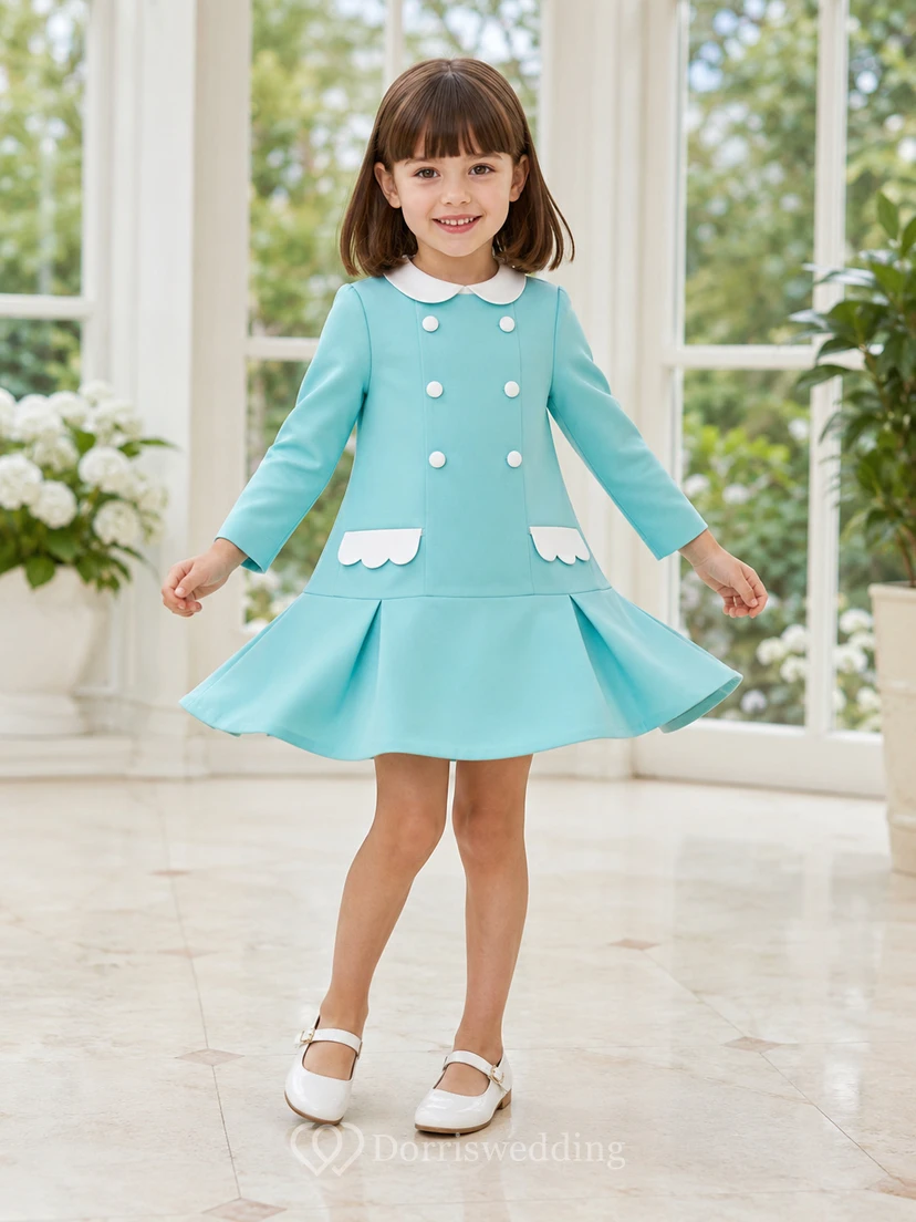 A-Line 1960s Mod Flower Girl Dress with Long T-Shirt Sleeves, Button Detail, Knee-Length Skirt, Clean Waist, 1960s Mod Style