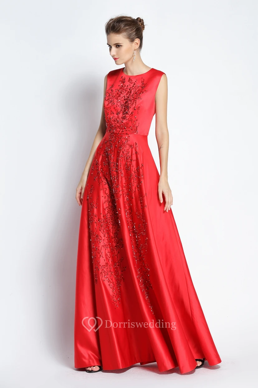 A-Linien-Abendkleid aus bodenlangem, juwelenfarbenem Satin, ärmellos und mit Perlenstickerei