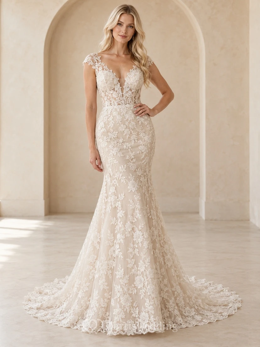 Robe de mariée sirène champagne à col V, bretelles fleuries et traîne en dentelle cordée