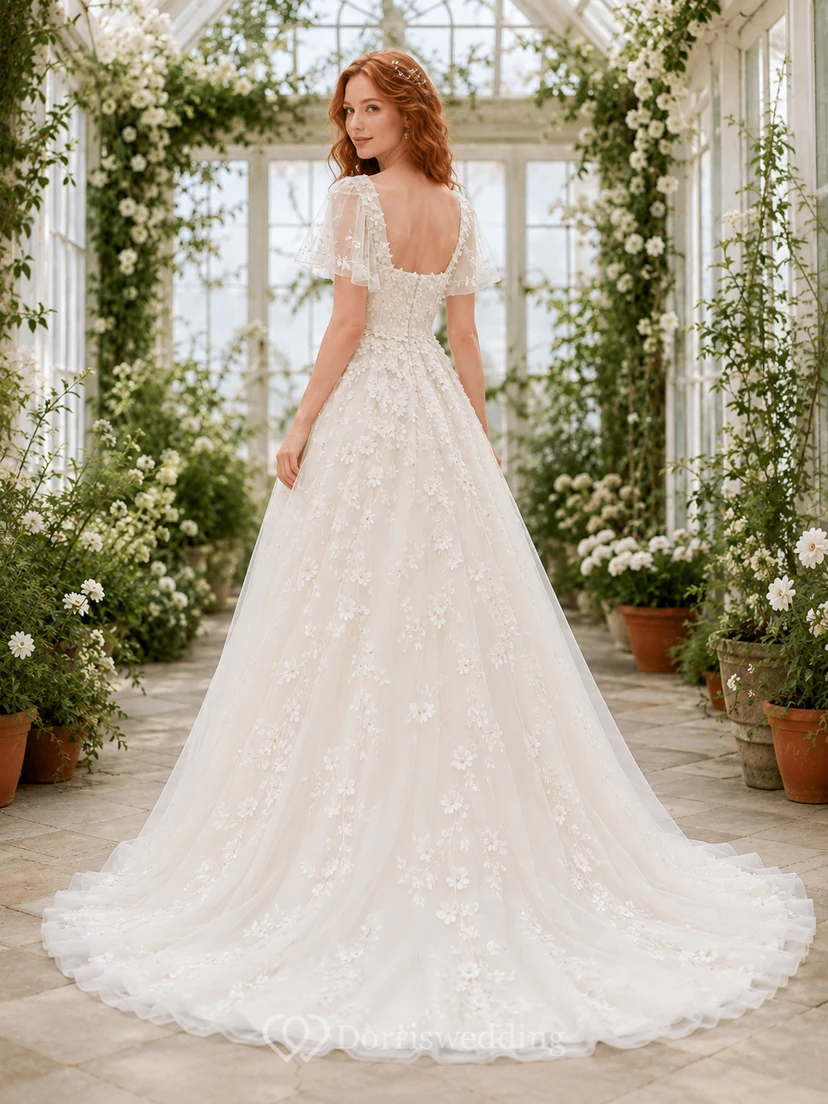 A-Linien-Brautkleid mit quadratischem Ausschnitt, floralen Applikationen und Gewächshaus-Schnitt view 2