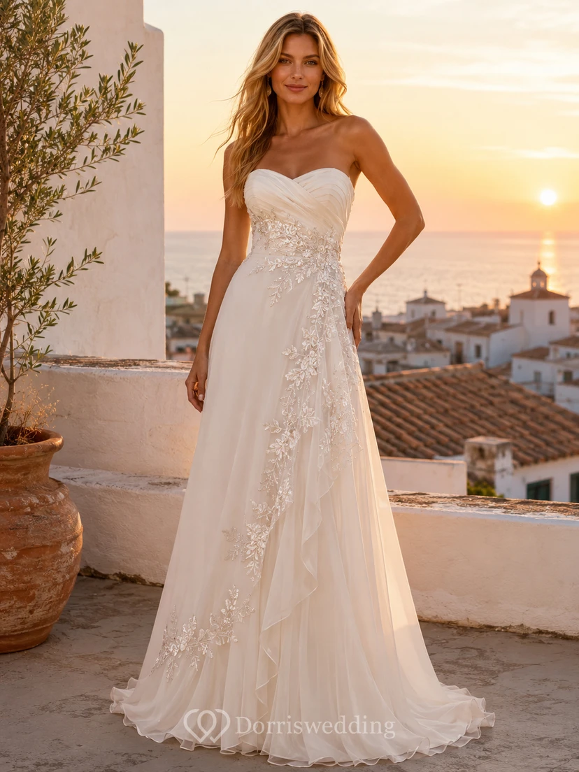 Romantic Strapless Sweetheart Ruched Chiffon A Line Sweep Train Beach Wedding Dress