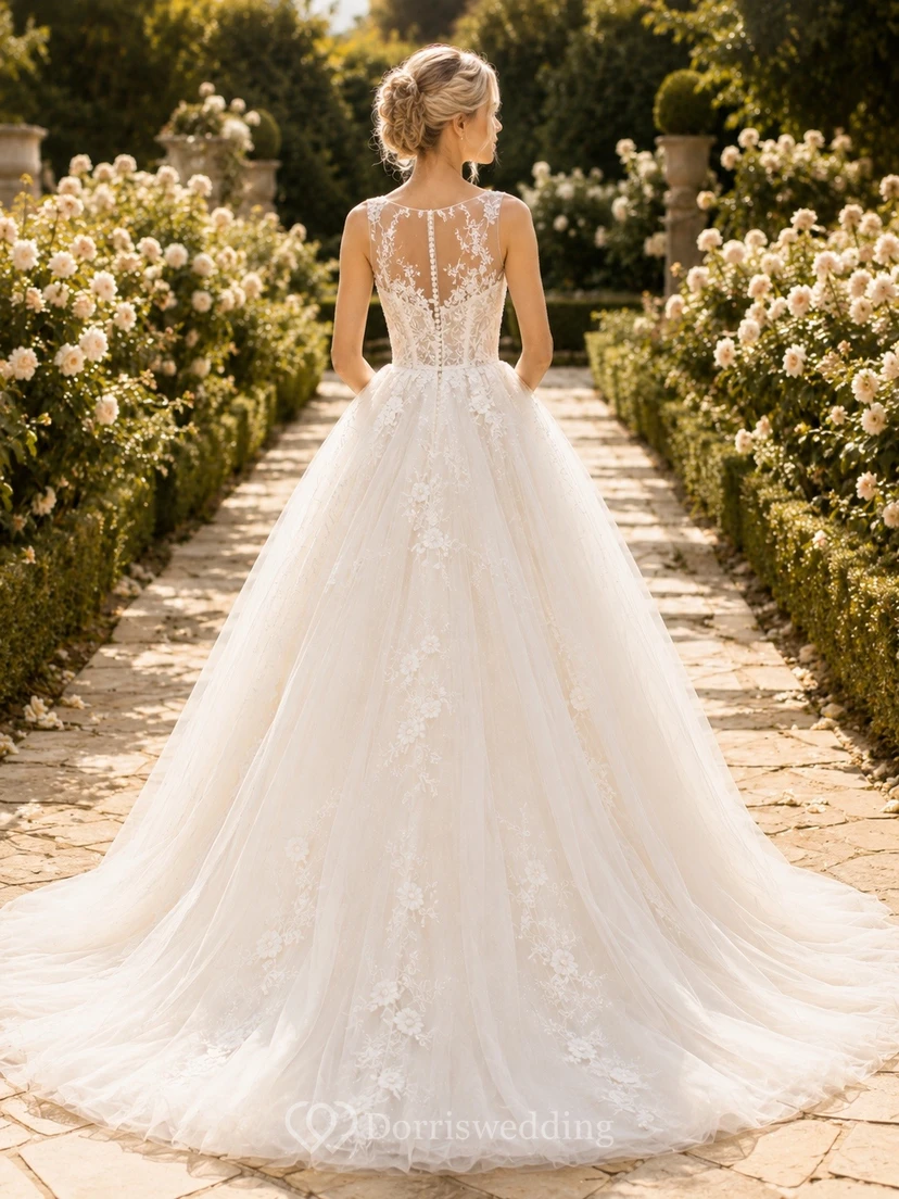 Vestido de novia de corte A con cola catedral y apliques de encaje de manga larga view 2
