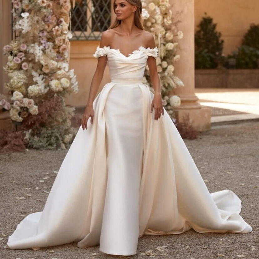 Off-the-shoulder Satin Sheath Ruched Wedding Dress with Flower and Watteau Train