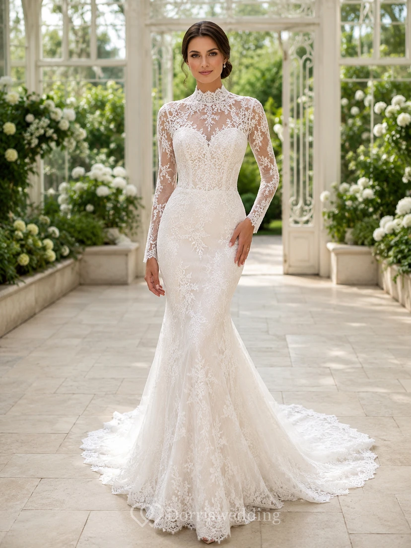 Modest High Neck Long Sleeve Allover Lace Mermaid Illusion Back Chapel Gown