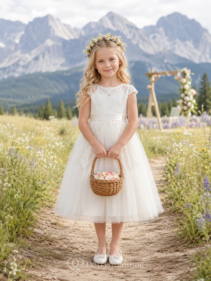 Vestido de niña de flores color marfil, largo hasta la rodilla, encaje, tul, corte en A, escote redondo, manga corta, cremallera transparente en la espalda, fajín de satén.