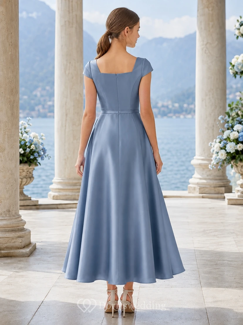 Stahlblaues Brautjungfernkleid für junge Mädchen, A-Linie, eckig, kurze Ärmel, elegant, aus Satin view 2