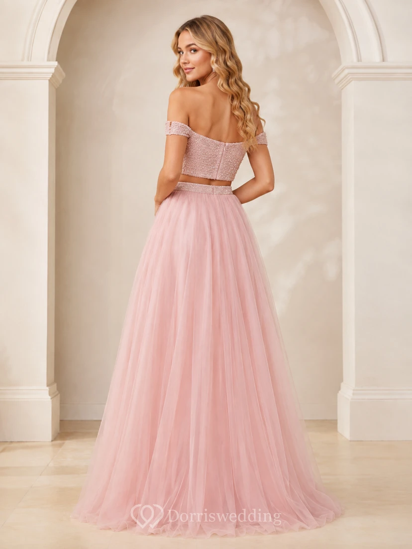 Zweiteiliges, rosafarbenes, schulterfreies Pailletten-Crop-Top aus Tüll in A-Linie, bodenlang, modernes Ballkleid view 2