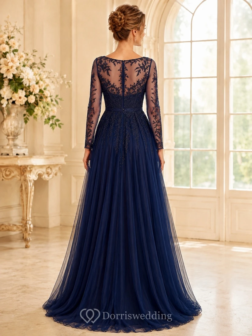 Dark Navy Lace Scalloped-Neck Long-Sleeve Tulle A-Line Sweep-Train Dress view 2