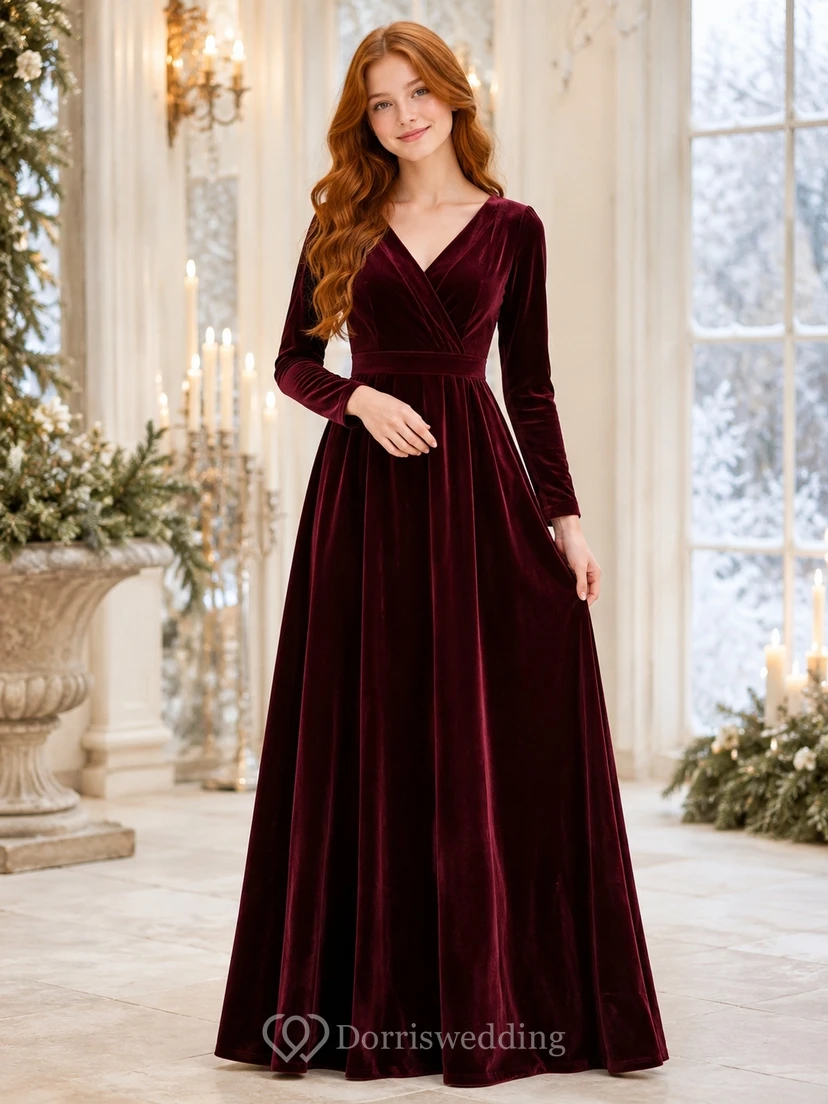 Robe de demoiselle d'honneur junior bordeaux, coupe trapèze, col en V, manches longues, velours luxueux
