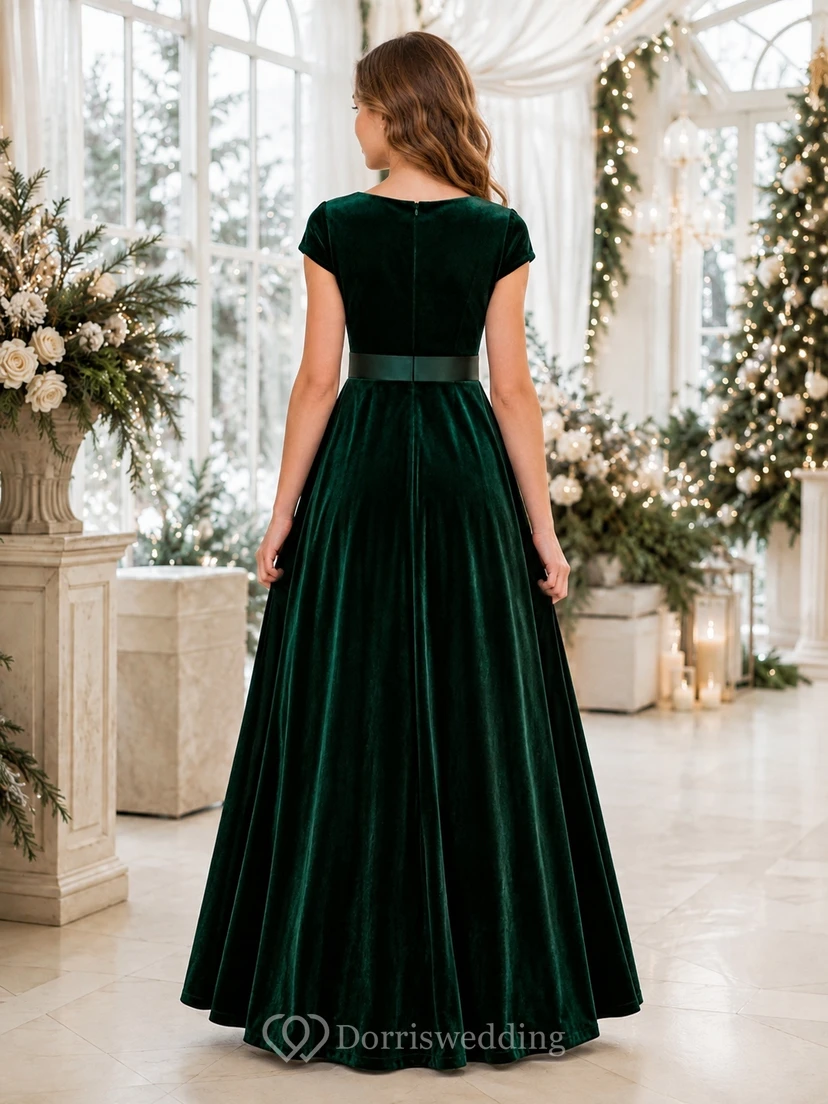 Dunkelgrünes Brautjungfernkleid für junge Mädchen, A-Linie, eckig, kurze Ärmel, Samt, Luxus view 2