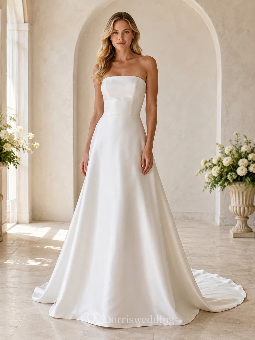Brautkleid aus Satin, A-Linie, trägerlos, Kapellenschleppe, tiefer V-Ausschnitt