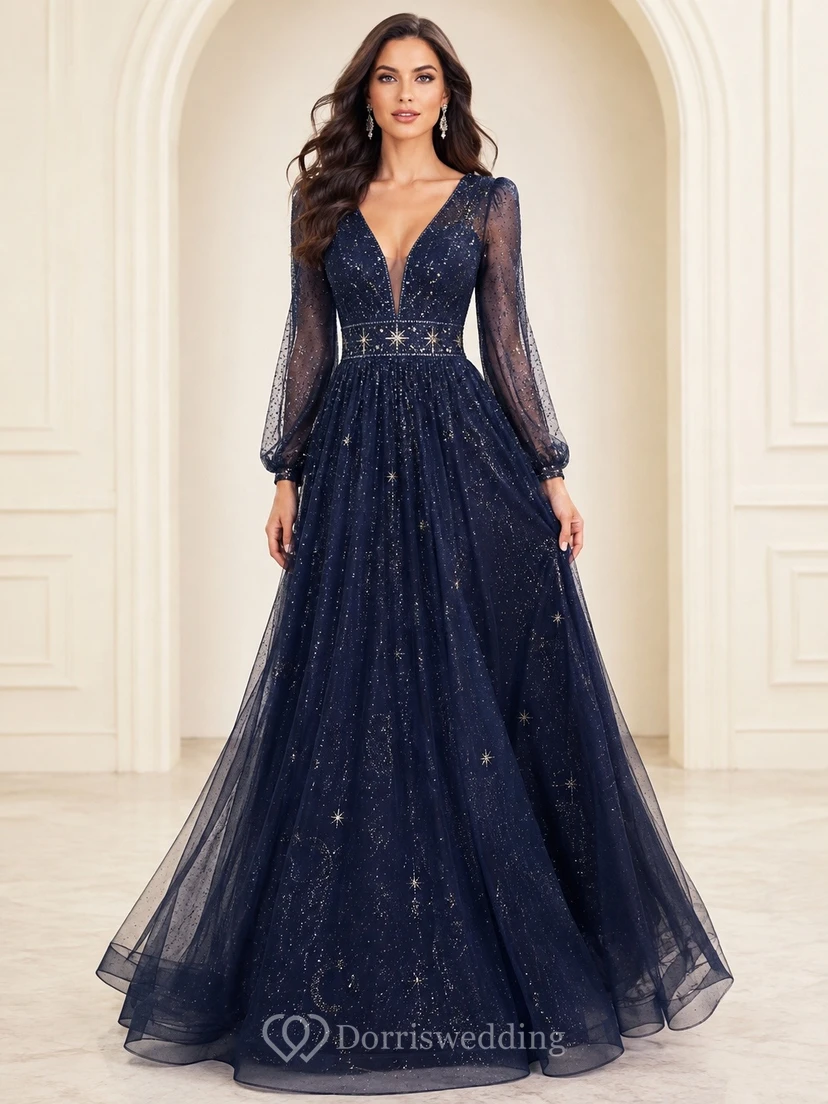 Ink Navy Romantic Elegant V-Neck Long-Sleeve Tulle-Lace A-Line Floor-Length Evening Dress