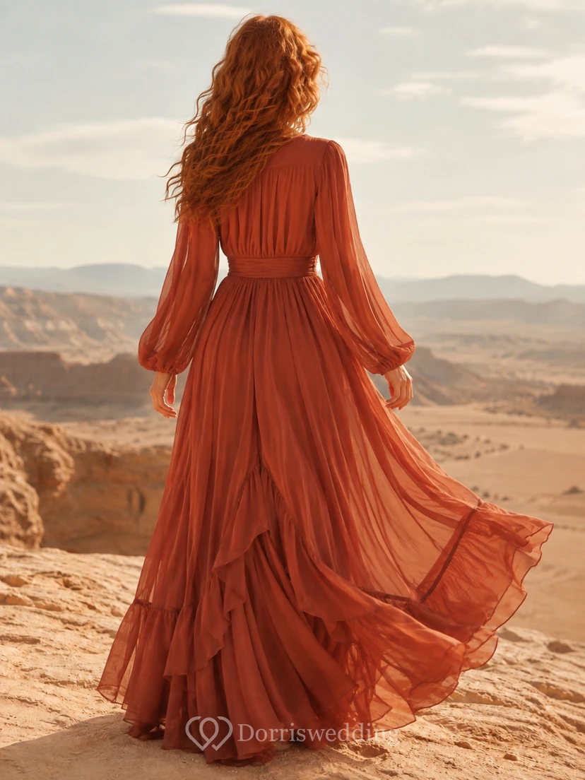 Vestido de invitada largo hasta el suelo, de gasa, corte A, con escote en V, mangas abullonadas y estilo bohemio, color marrón óxido. view 2