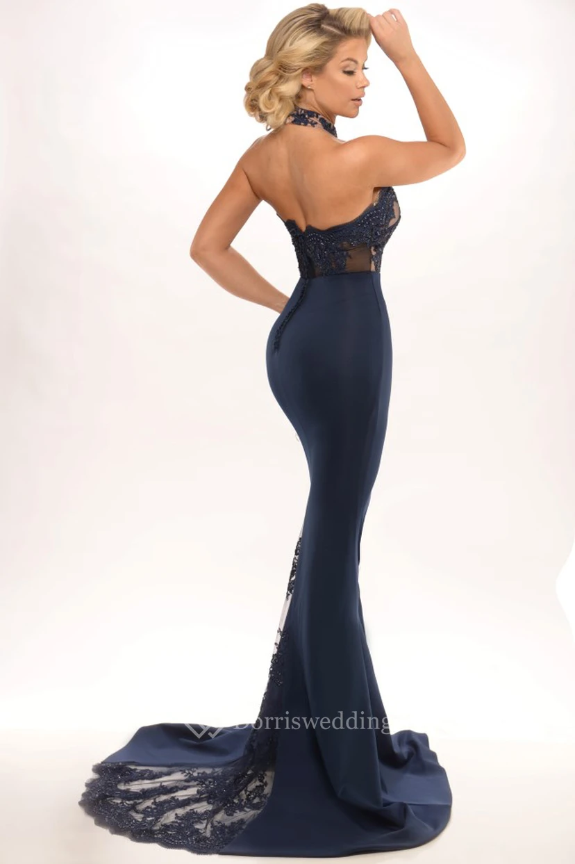 Sheath Sleeveless High Neck Lace Long Jersey Prom Dress With Backless Style And Brush Train view 2