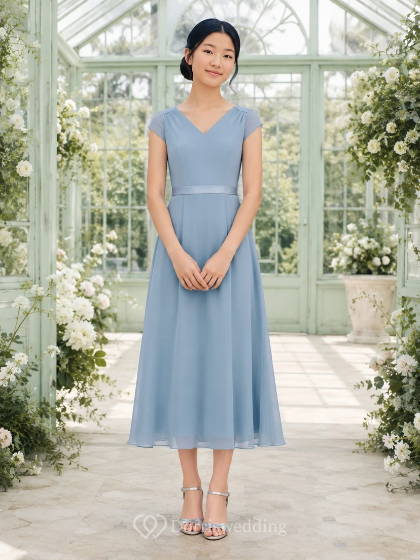 Stahlblaues Brautjungfernkleid für junge Damen, A-Linie, V-Ausschnitt, kurze Ärmel, schlicht