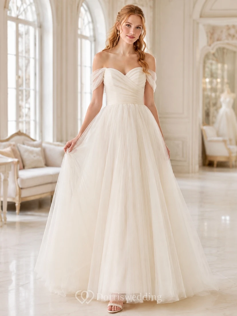 Off-the-shoulder Sweetheart Tulle A-Line Floor-length Romantic Elegant Bridal Gown