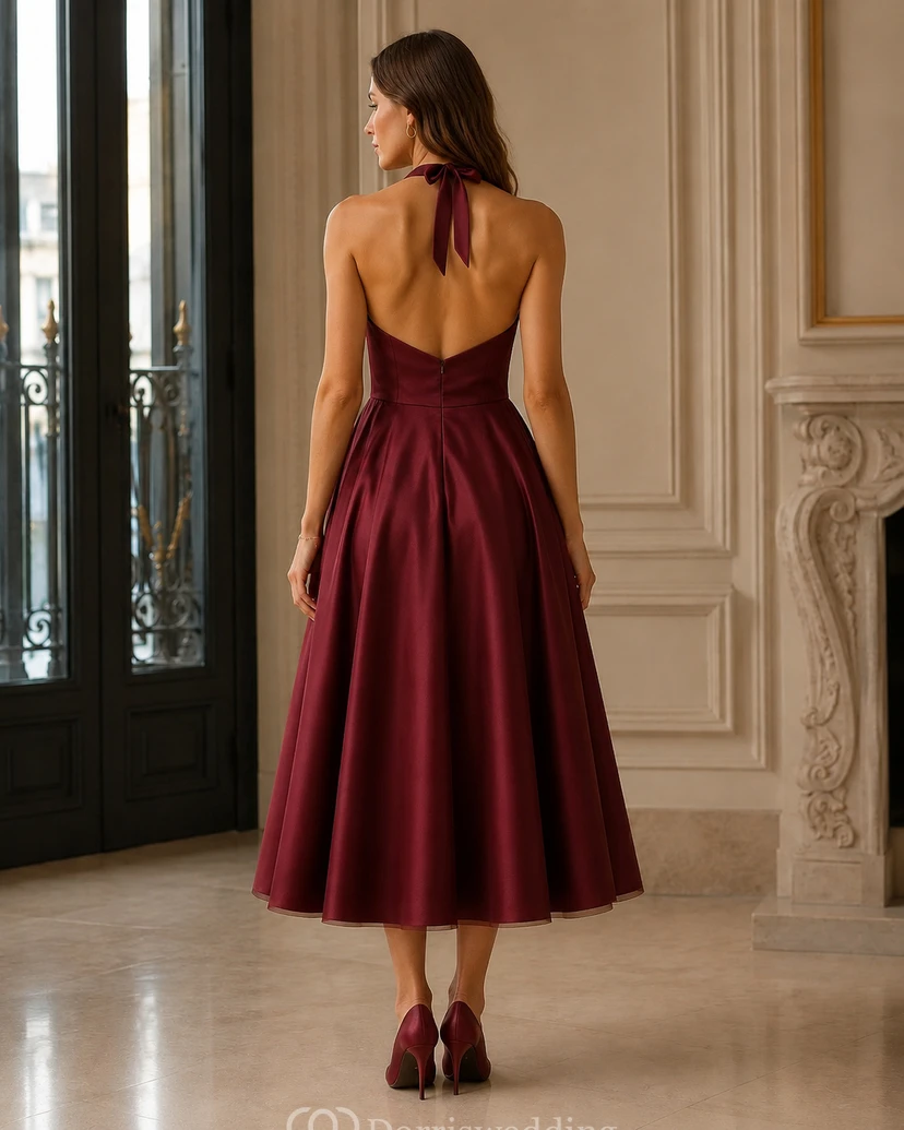 Burgundy Halter A-line Tea-length Dress view 2