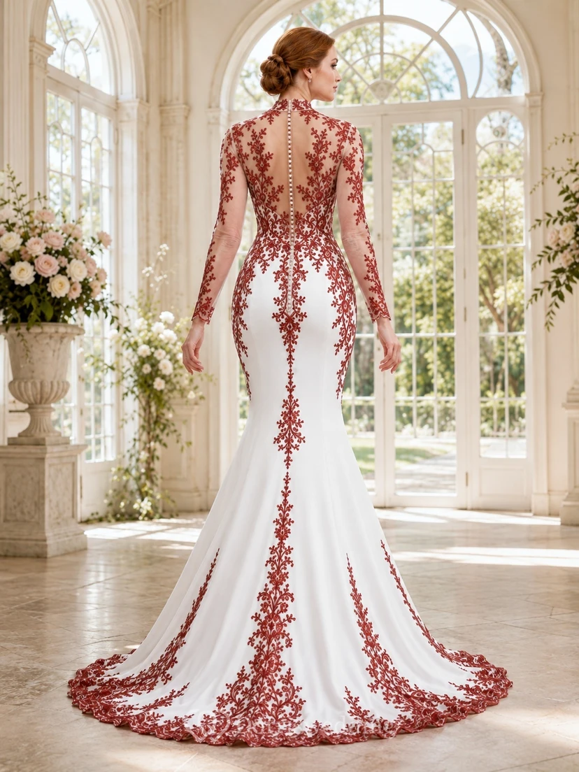 Rotes, hochgeschlossenes, langärmeliges Meerjungfrauen-Brautkleid mit Spitze und Schleppe – schlicht und elegant view 2