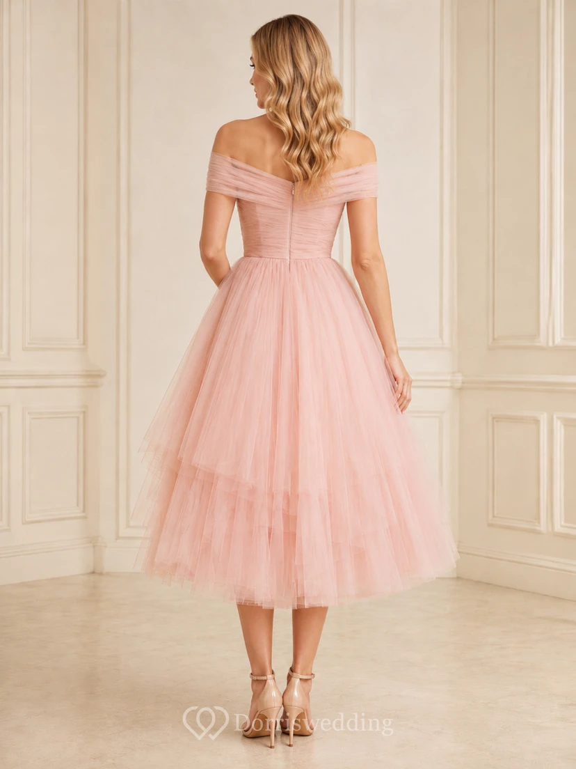 Blush Off-Shoulder Tiered Tulle A-Line Tea Cocktail Dress Reception Romantic view 2