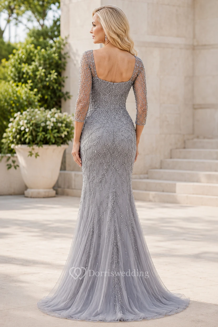Robe sirène argentée à manches longues en dentelle et sequins pour la mère de la mariée view 2