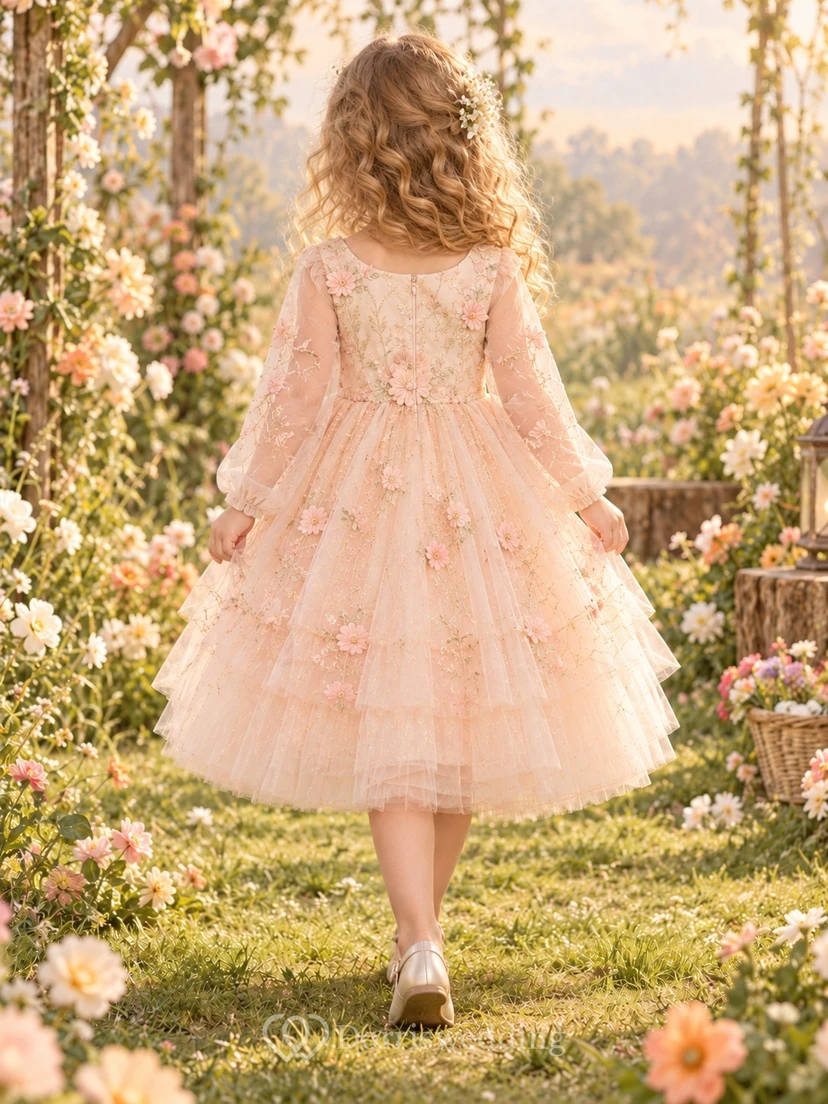 Fairy Long Sleeve Blush Floral Tiered Tulle Short Flower Girl Dress view 2