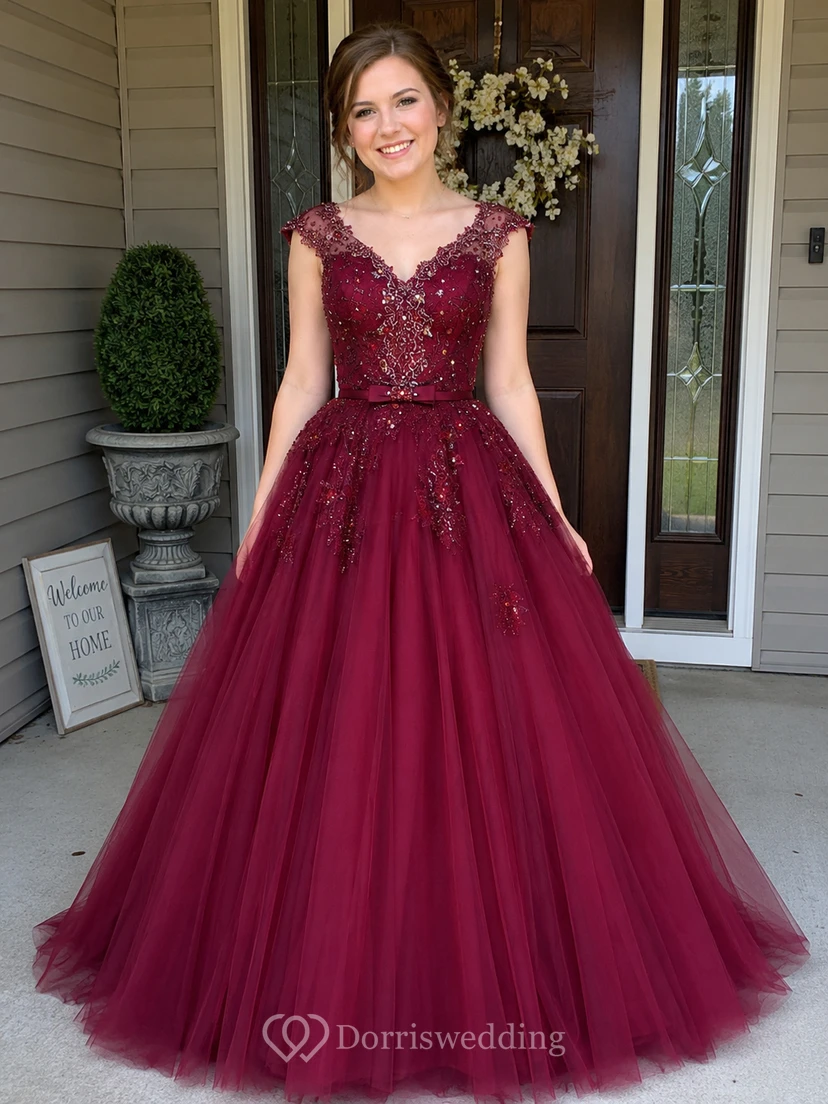Ball Gown Floor-Length V-Neck Bell Cap Beading Flower Corset Back Tulle Lace Sequins Dress view 10