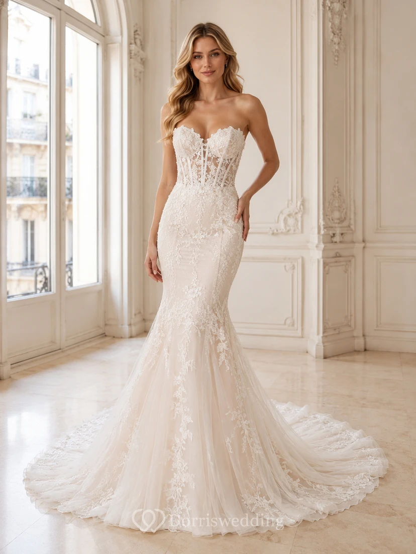 Robe de mariée sirène sans bretelles, décolleté cœur, sans manches, en dentelle rayonnante, traîne chapelle, ornée d'appliqués floraux et d'une robe de mariée champêtre.