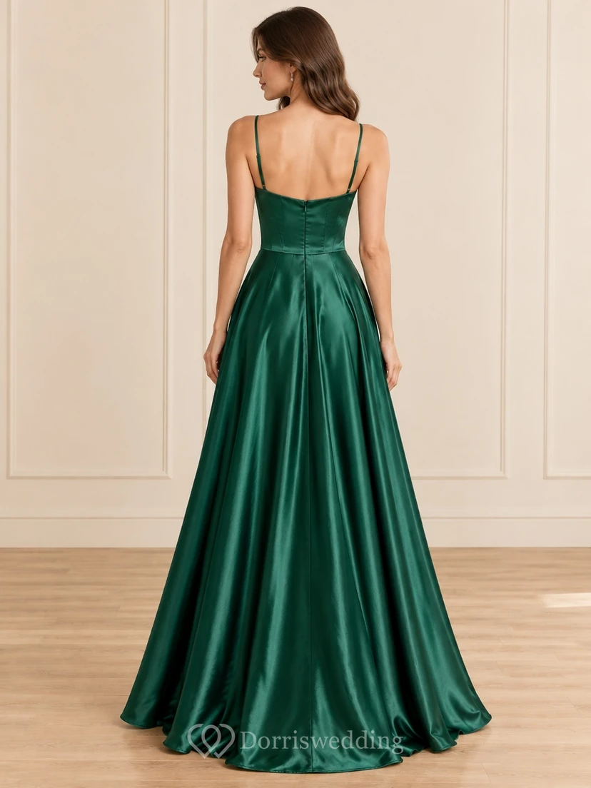 1990s Dark Green Sweetheart Spaghetti Strap Satin A-line Prom Dress view 2