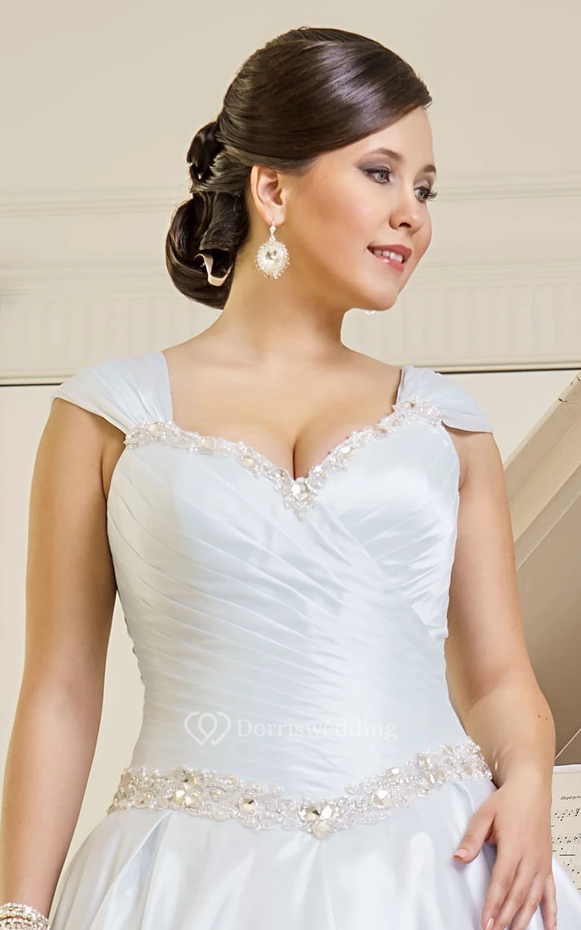 A-Line Maxi V-Neck Cap-Sleeve Lace-Up Satin Dress With Ruching And Beading view 2