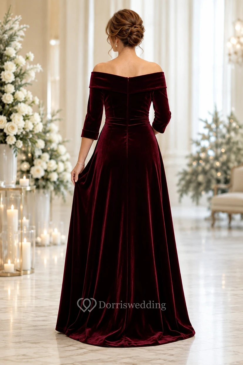 Burgunderfarbenes Samt-Mutterkleid mit schulterfreiem Ausschnitt und Dreiviertelärmeln view 2