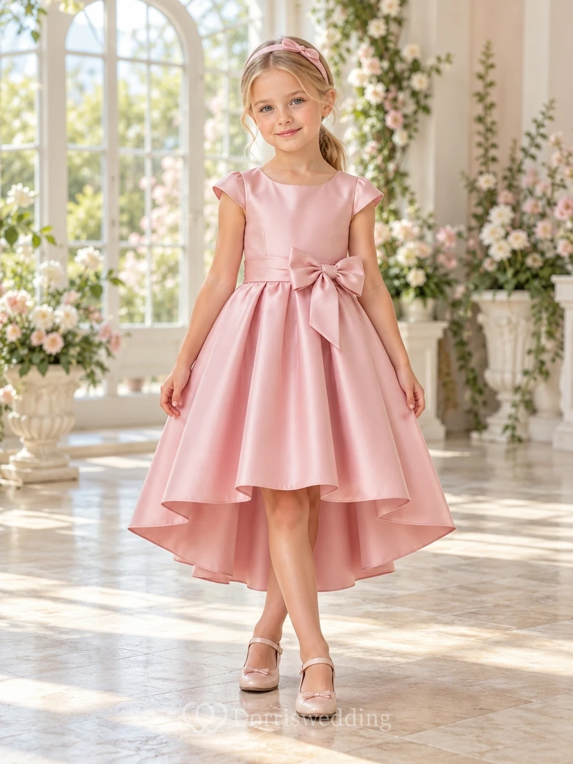 High-low Blushing Pink Cap Sleeve Bow Satin Flower Girl Dress