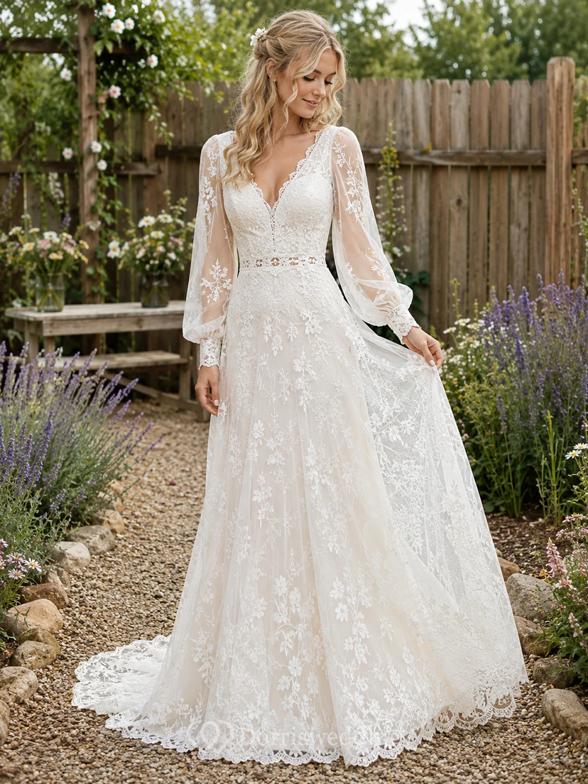 Backyard V Neck Lace Wedding A Line Long Bell Sleeve Court Train