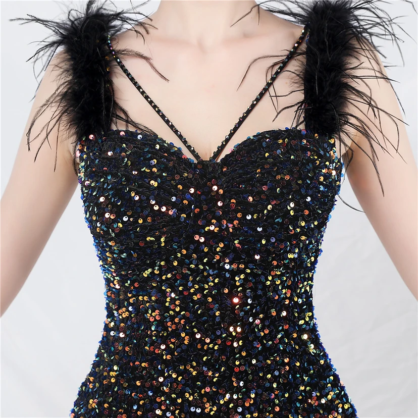 Craft Ostrich Feather Handmade Velvet Bottom Sequined Short Evening Dress Short Skirt view 62