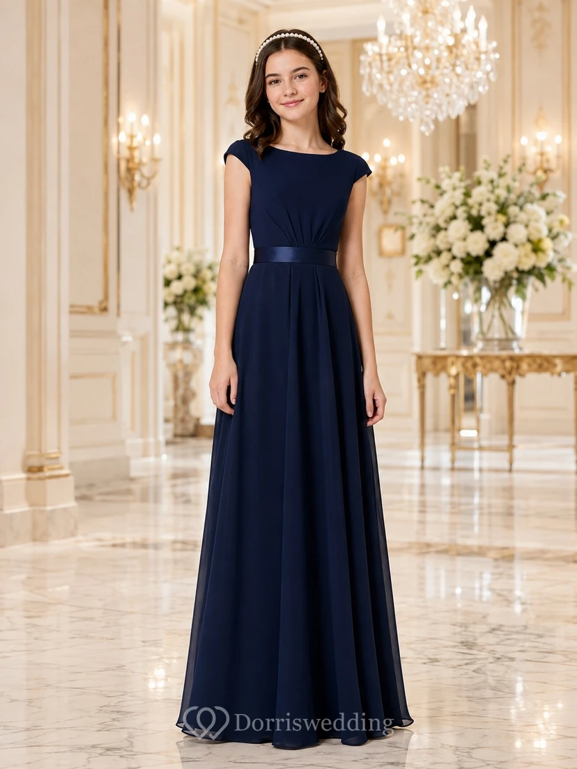 Dark Navy Junior Bridesmaid Dress A-Line Bateau Short Cap Sleeve Pleated Detail Elegant