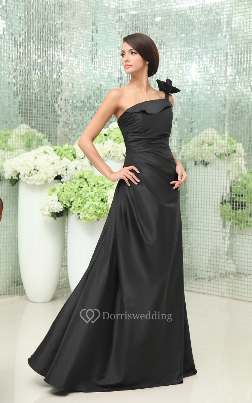 One-Shoulder Taffeta A-Line Gown Floral Shoulder Detail view 3